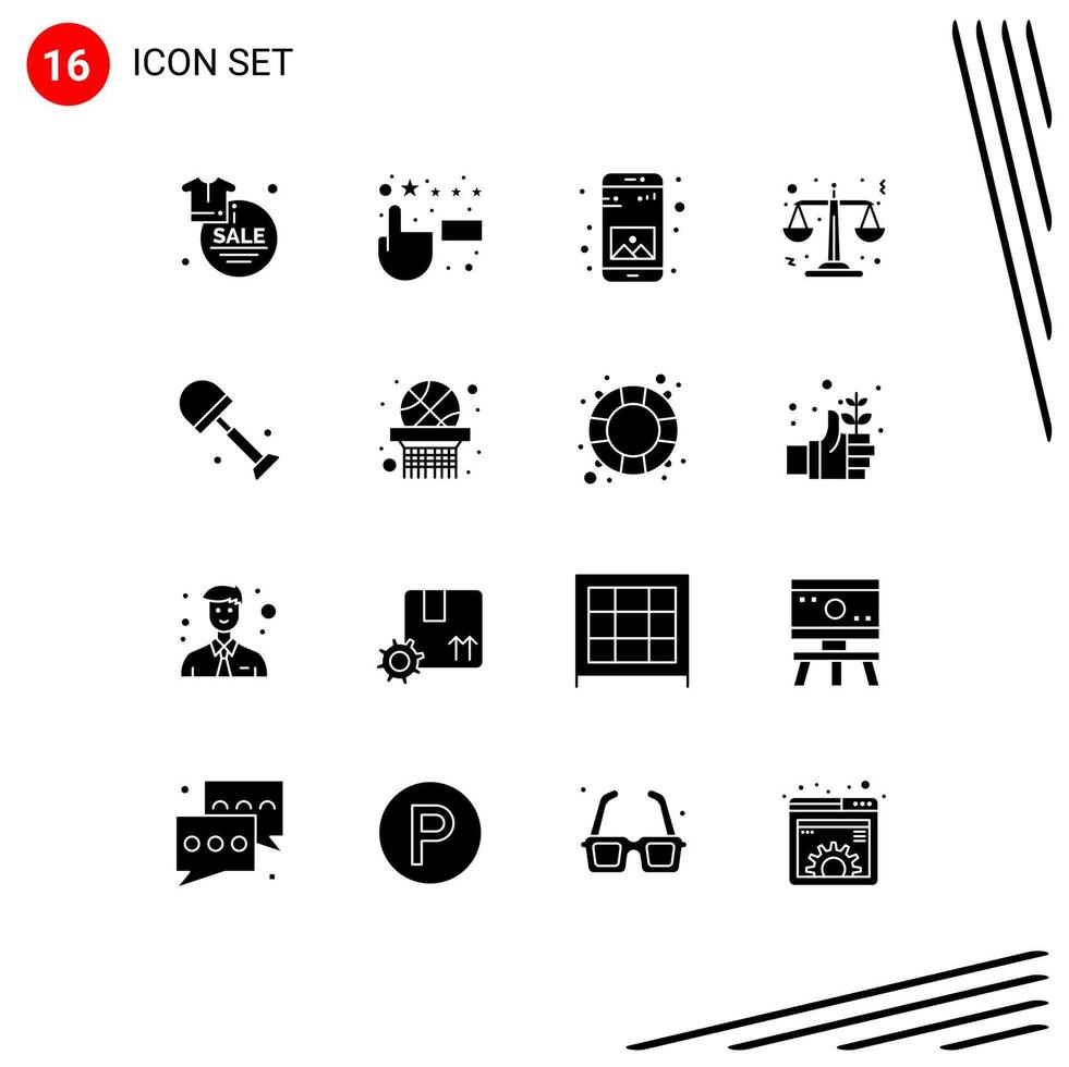 Pictogram Set of 16 Simple Solid Glyphs of shovels big app scales justice Editable Vector Design Elements