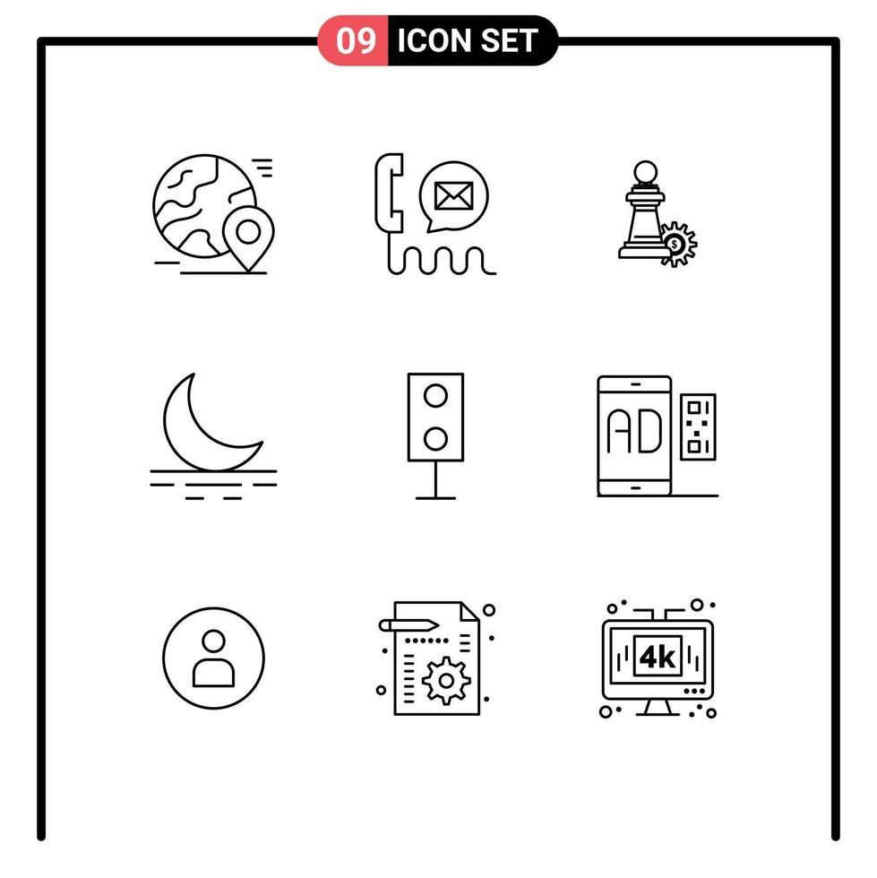 Group of 9 Modern Outlines Set for devices moon help fog strategy Editable Vector Design Elements