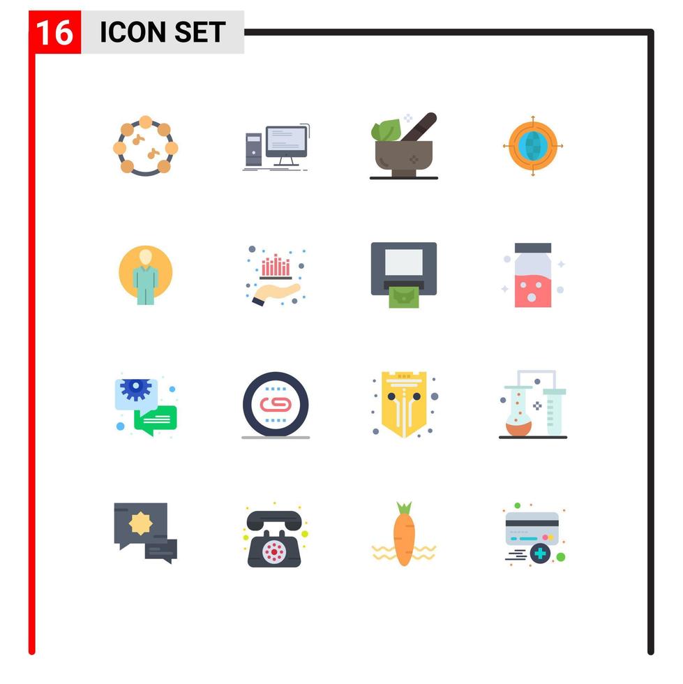 Pictogram Set of 16 Simple Flat Colors of id connected herbal target globe Editable Pack of Creative Vector Design Elements