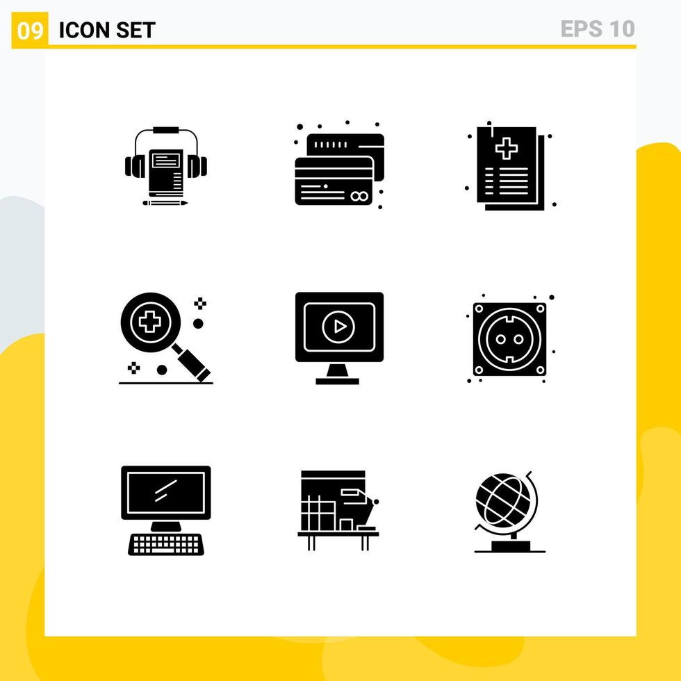 9 Thematic Vector Solid Glyphs and Editable Symbols of play monitor document medical healthcare Editable Vector Design Elements