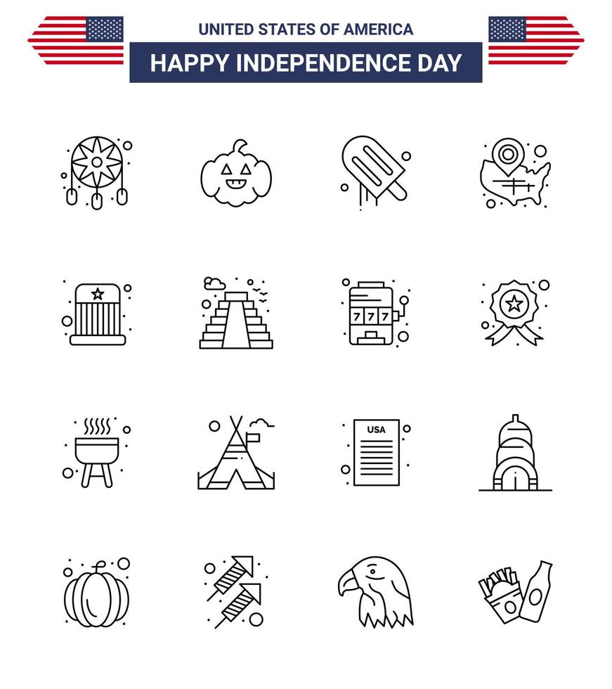 conjunto de 16 iconos del día de estados unidos símbolos americanos signos del día de la independencia para ubicación de entretenimiento pin crema estados de wisconsin elementos de diseño de vector de día de estados unidos editables