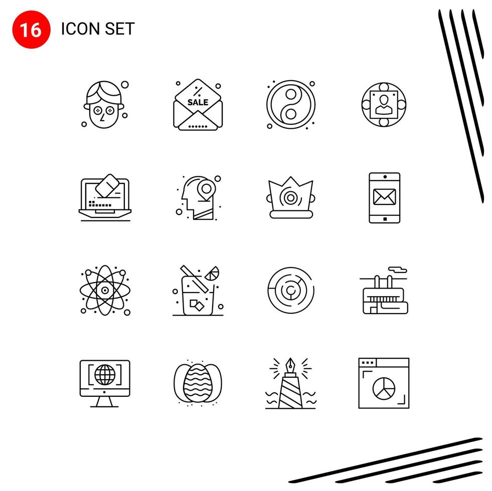 16 Universal Outlines Set for Web and Mobile Applications screen data yin laptop modern Editable Vector Design Elements