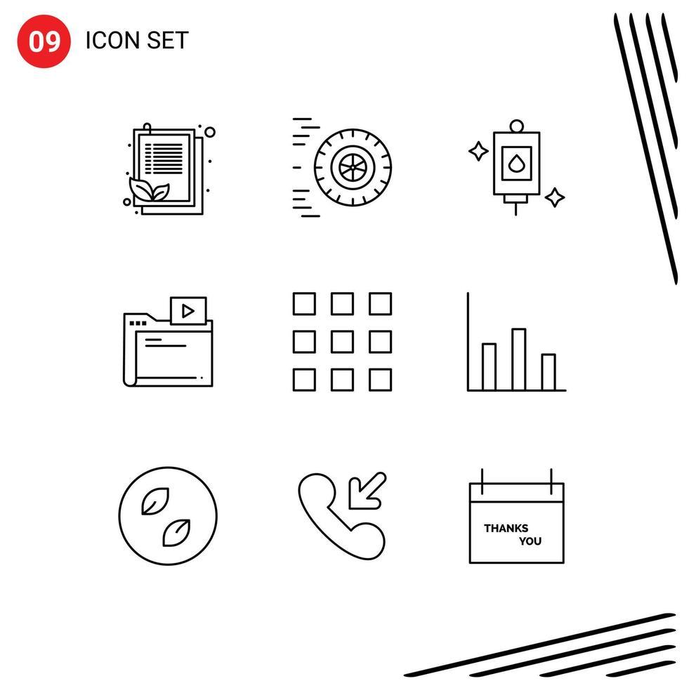 Editable Vector Line Pack of 9 Simple Outlines of finance grid medical media movie Editable Vector Design Elements