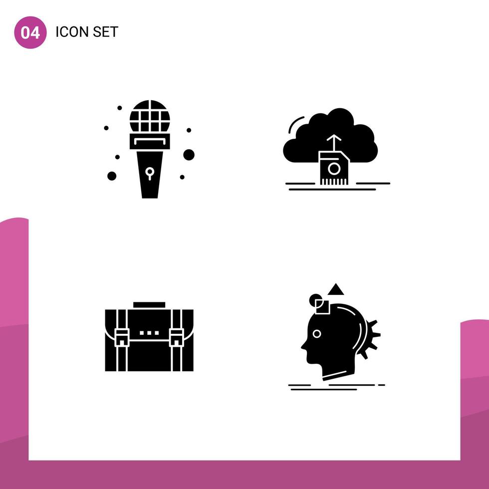 Editable Vector Line Pack of 4 Simple Solid Glyphs of mic briefcase reporter save case Editable Vector Design Elements
