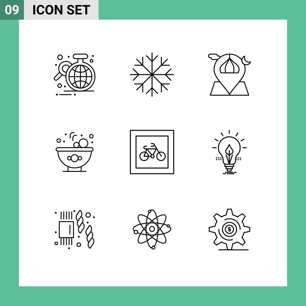 9 User Interface Outline Pack of modern Signs and Symbols of parking salad mosque food map Editable Vector Design Elements