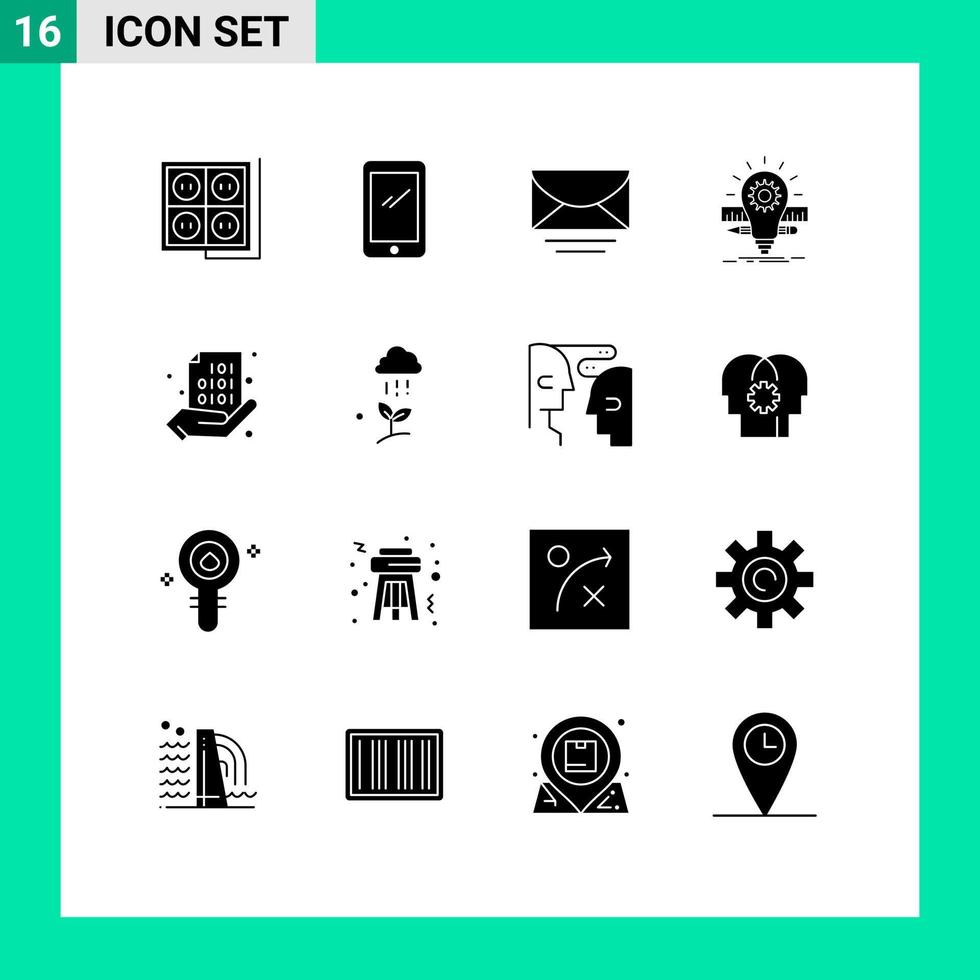 paquete de glifos sólidos de 16 símbolos universales de idea de lápiz mensaje de desarrollo de Android elementos de diseño vectorial editables vector