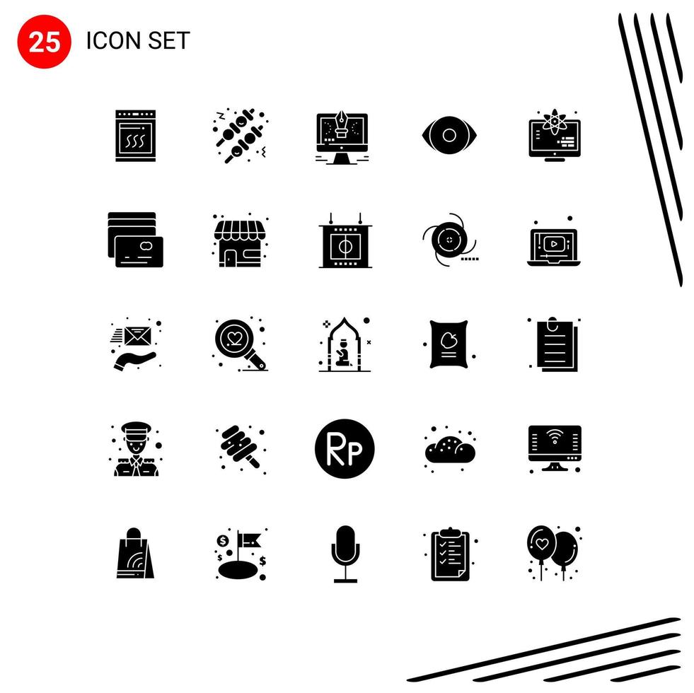 25 User Interface Solid Glyph Pack of modern Signs and Symbols of monitor vision drawing human eye Editable Vector Design Elements