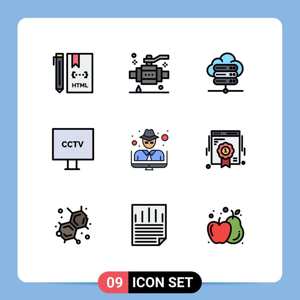 Filledline Flat Color Pack of 9 Universal Symbols of hacker surveillance valve spy camera Editable Vector Design Elements