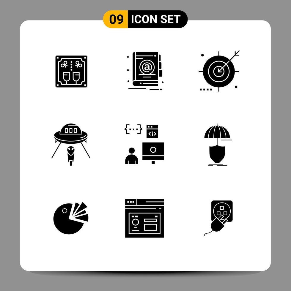 Set of 9 Vector Solid Glyphs on Grid for mars ufo audience space search Editable Vector Design Elements