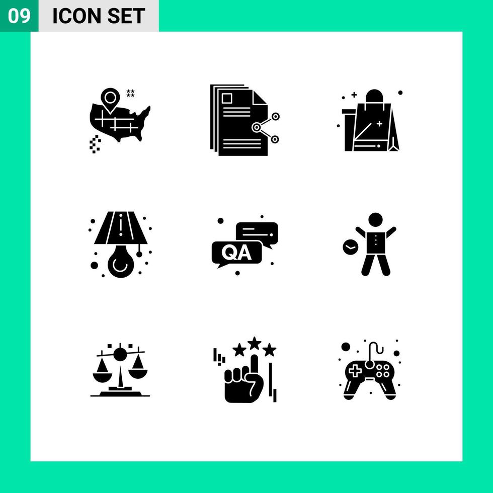 Pack of 9 creative Solid Glyphs of qa table shopping light eid Editable Vector Design Elements