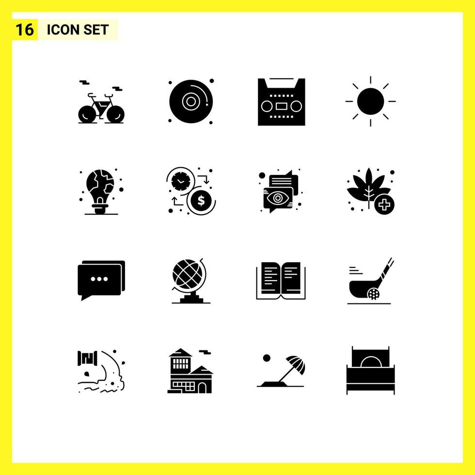 Mobile Interface Solid Glyph Set of 16 Pictograms of budget light bulb multimedia light protection Editable Vector Design Elements