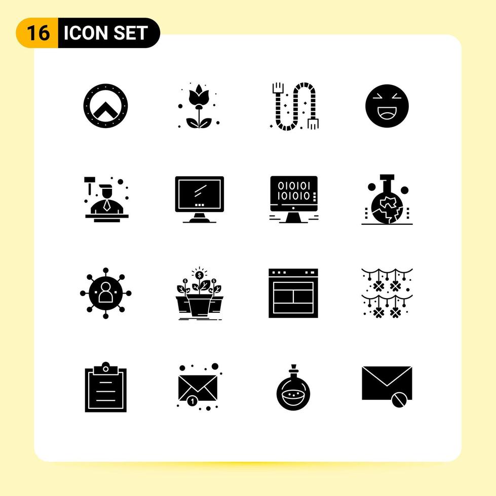 Pictogram Set of 16 Simple Solid Glyphs of hitting auction drain happy emoji Editable Vector Design Elements