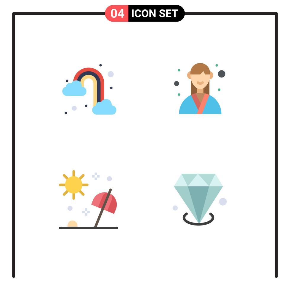 conjunto moderno de 4 iconos planos pictograma de lluvia playa administrador de nubes mar elementos de diseño vectorial editables vector