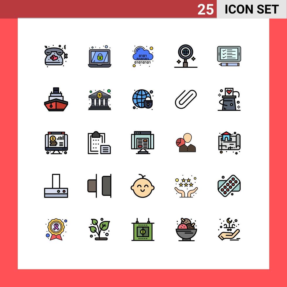 Pack of 25 Modern Filled line Flat Colors Signs and Symbols for Web Print Media such as pin phone cloud world business Editable Vector Design Elements