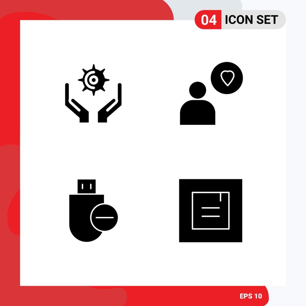 Solid Glyph Pack of 4 Universal Symbols of hands hardware hold heart stick Editable Vector Design Elements