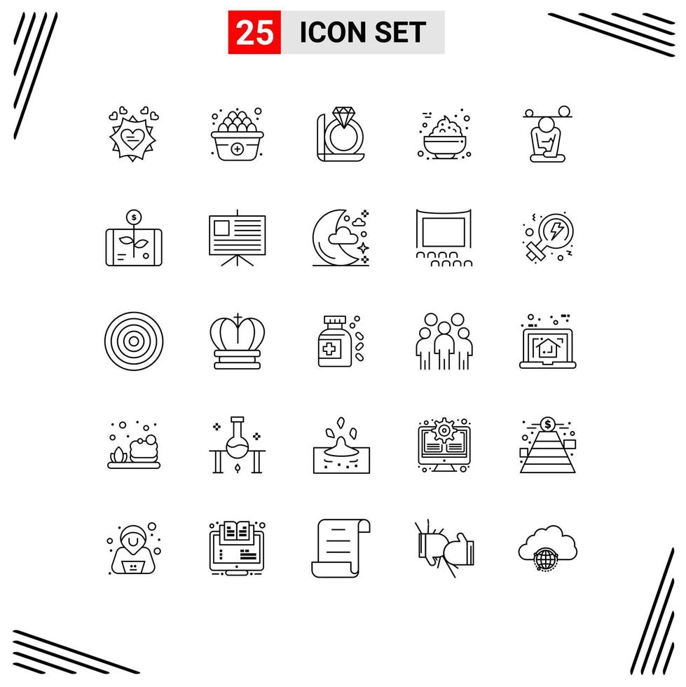 25 Universal Lines Set for Web and Mobile Applications mind concentration diamond balance food Editable Vector Design Elements