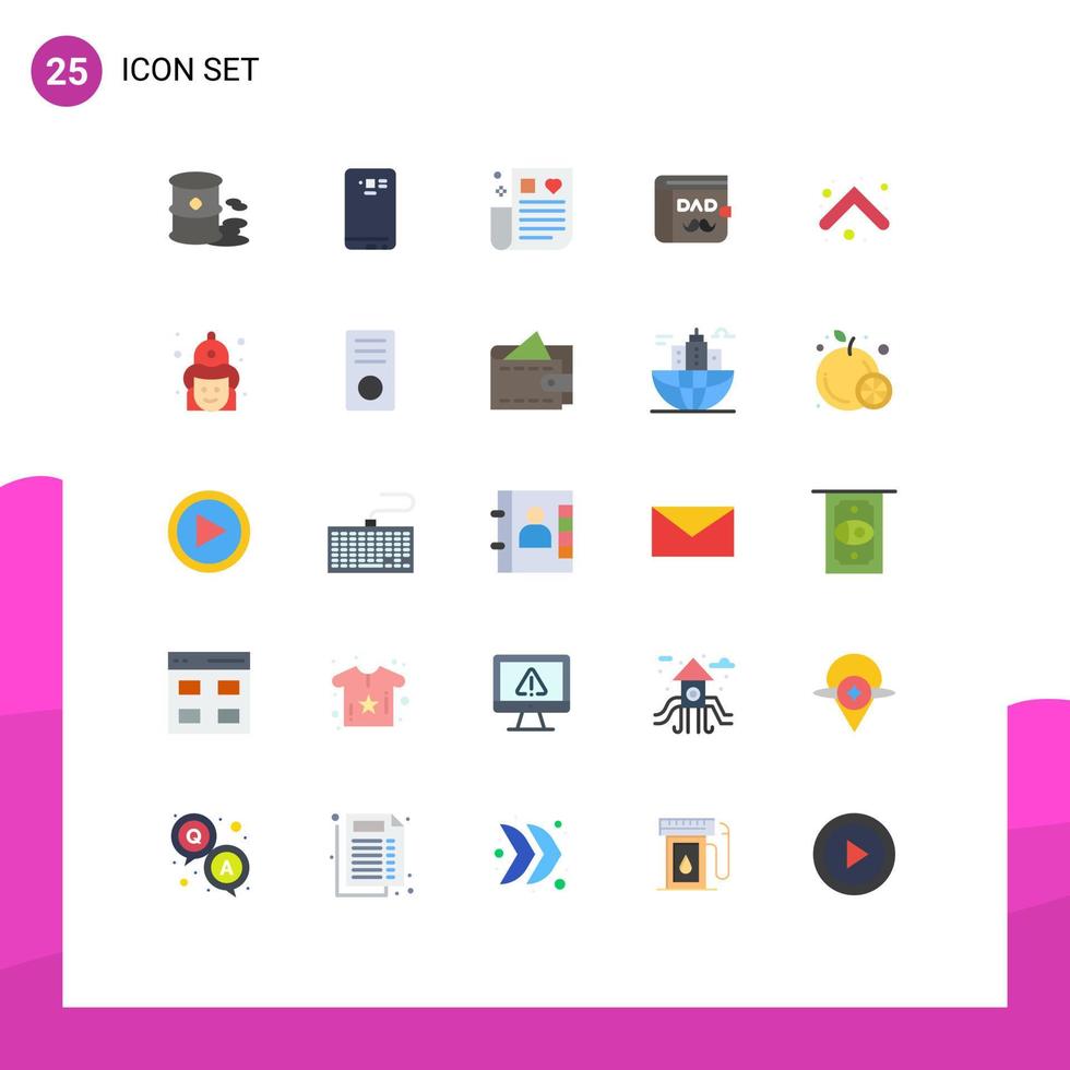 User Interface Pack of 25 Basic Flat Colors of arrow father camera dad remedy Editable Vector Design Elements