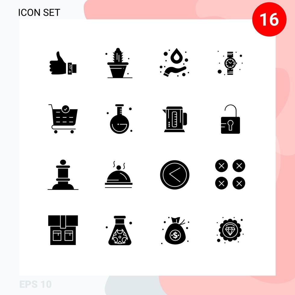 User Interface Pack of 16 Basic Solid Glyphs of cart watch pot time science Editable Vector Design Elements