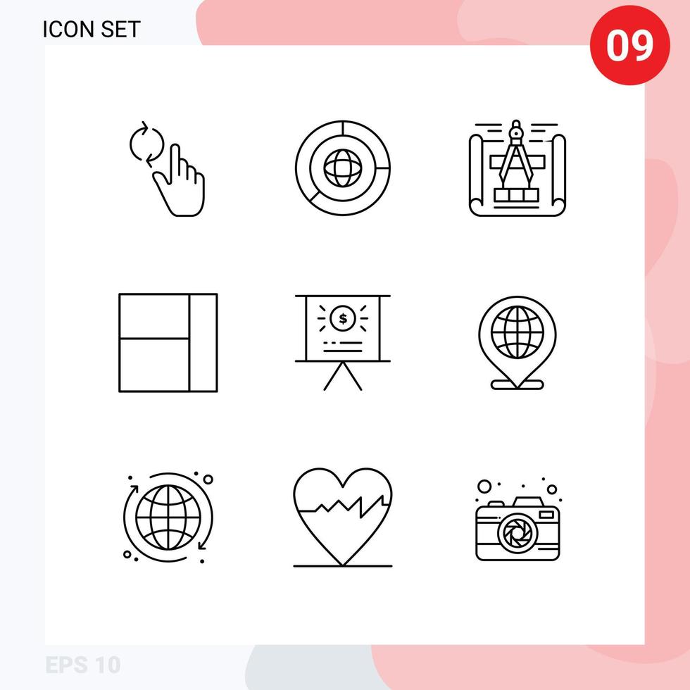 User Interface Pack of 9 Basic Outlines of globe presentation blueprint marketing layout Editable Vector Design Elements