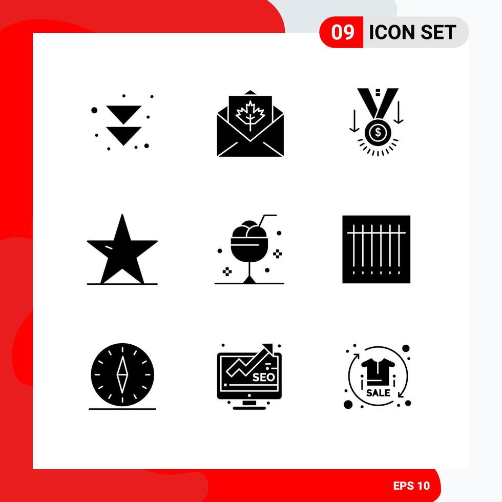 Set of 9 Commercial Solid Glyphs pack for star nature award leaf trophy Editable Vector Design Elements