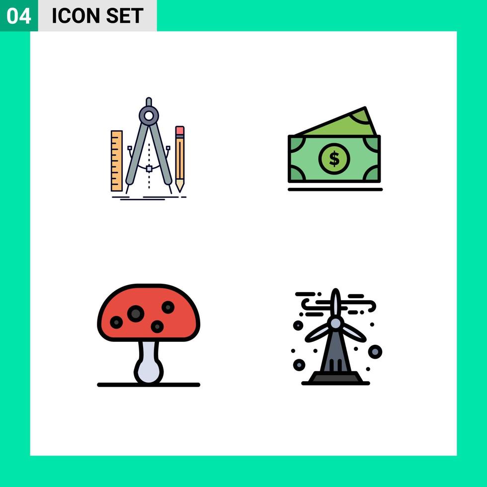 conjunto moderno de 4 pictogramas de colores planos de línea de llenado de elementos de diseño de vectores editables veneno de dinero de matemáticas de hongos