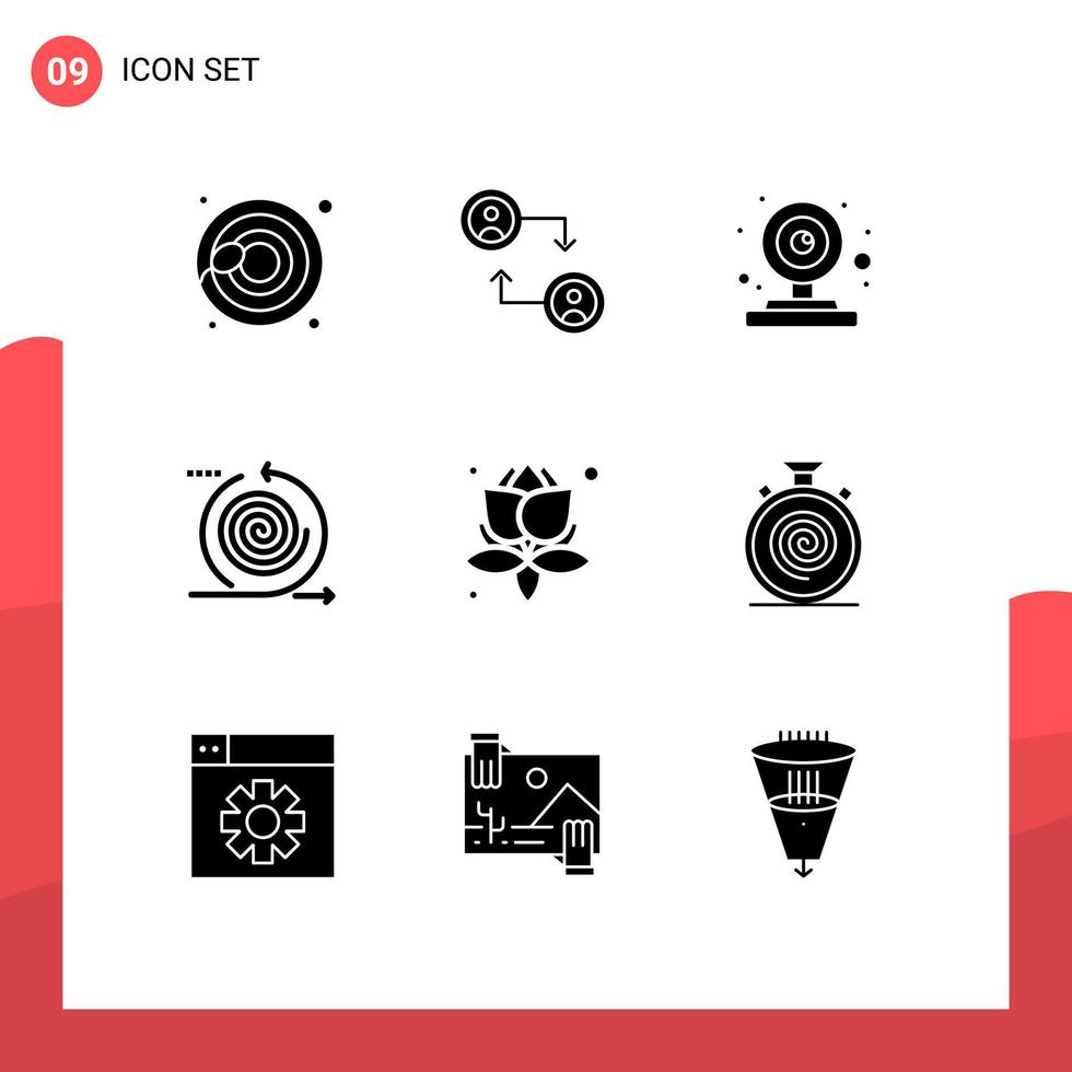 Pack of 9 creative Solid Glyphs of spa leaves webcam product iteration Editable Vector Design Elements