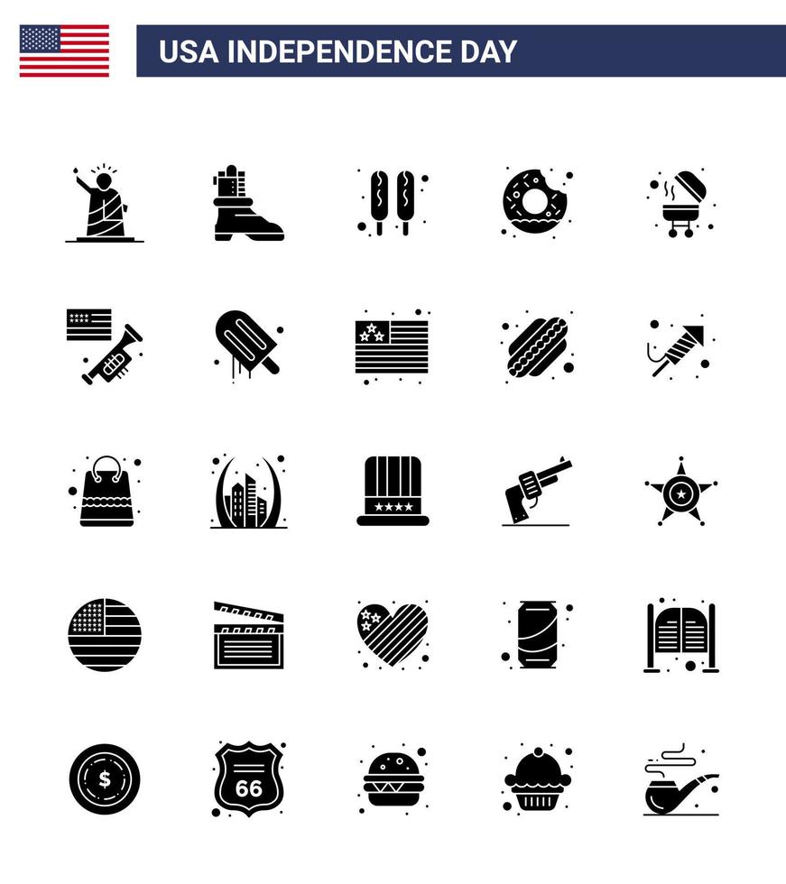 usa feliz día de la independencia pictograma conjunto de 25 glifo sólido simple de parrilla barbacoa maíz perro comida redonda editable usa día vector elementos de diseño