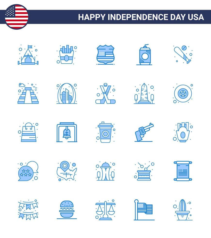 25 USA Blue Pack of Independence Day Signs and Symbols of sports baseball usa ball drink Editable USA Day Vector Design Elements