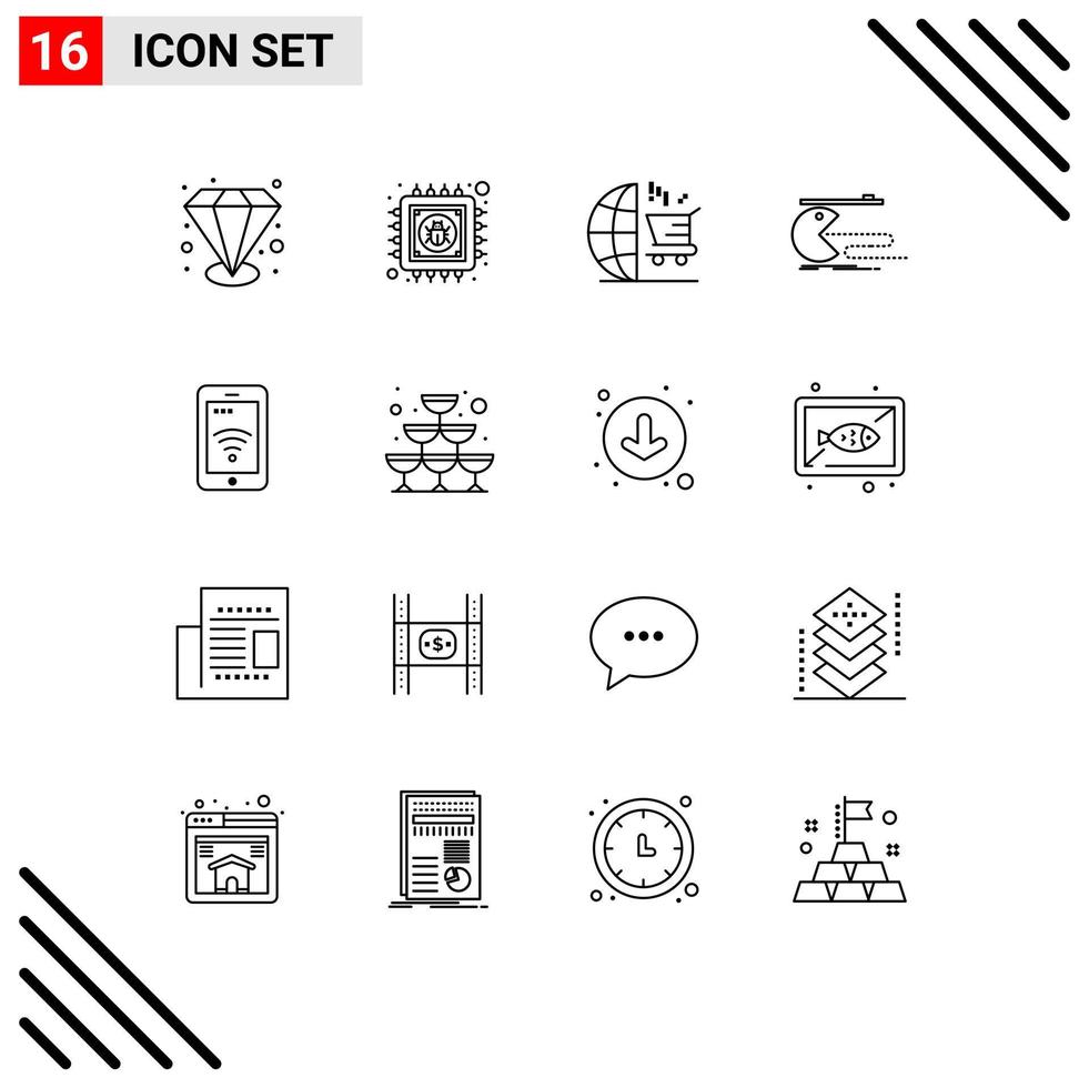 Mobile Interface Outline Set of 16 Pictograms of sign pacman marketing gaming computer Editable Vector Design Elements