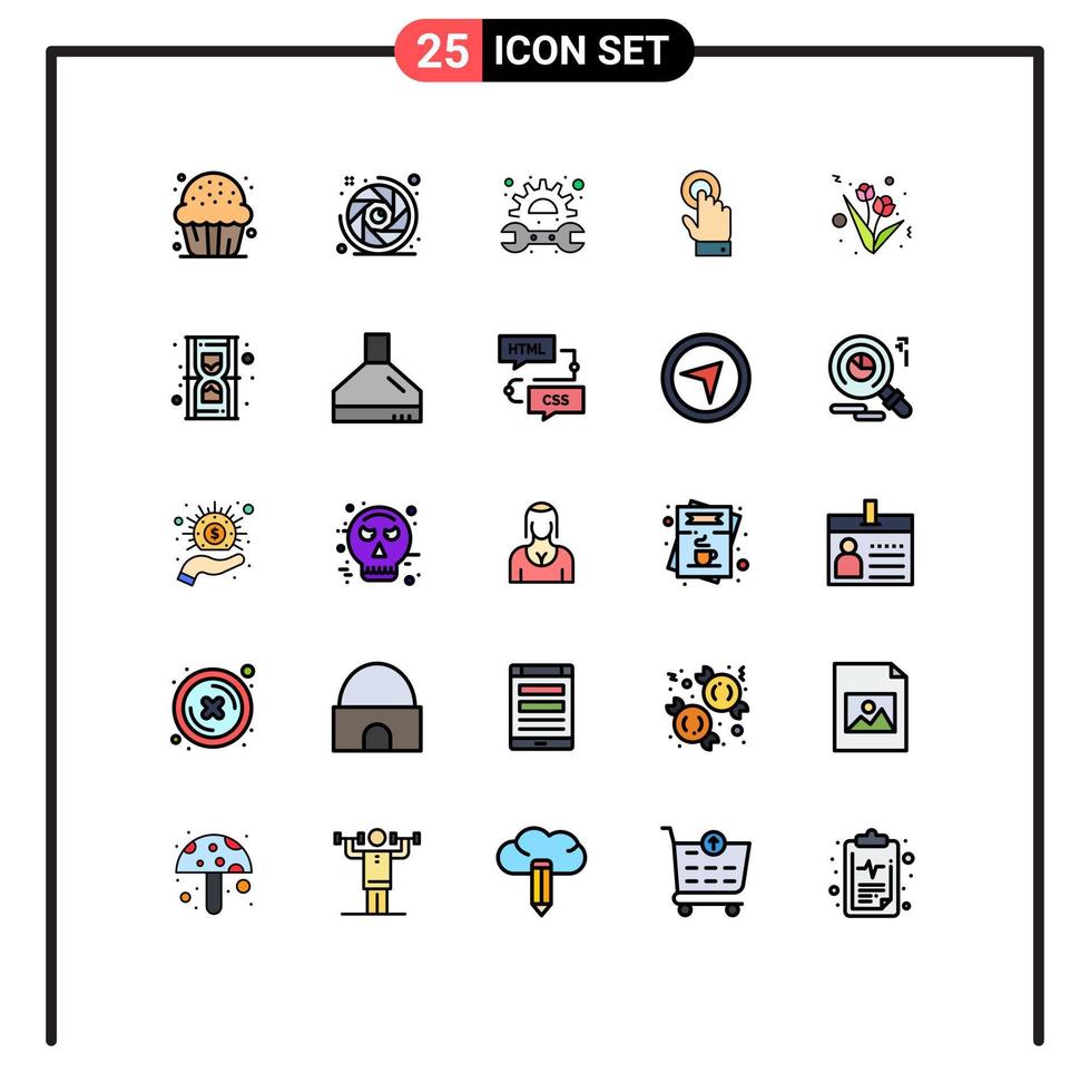 Modern Set of 25 Filled line Flat Colors Pictograph of flower interface lens aperture touchscreen spanner Editable Vector Design Elements
