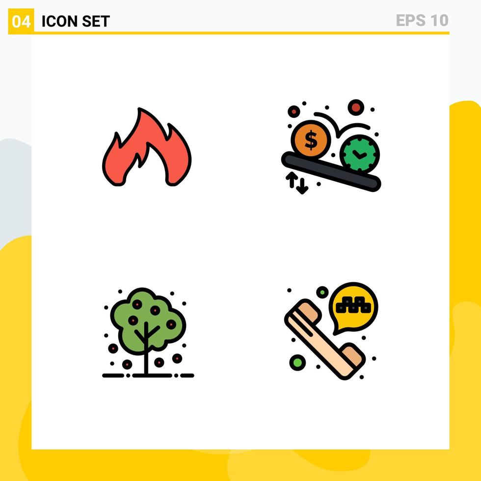 Group of 4 Modern Filledline Flat Colors Set for fire agriculture spark schedule nature Editable Vector Design Elements