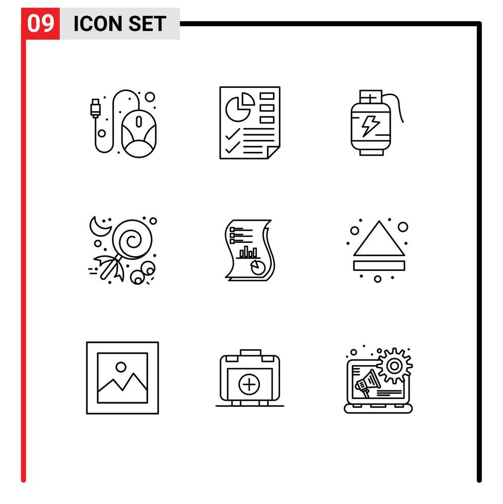 Pack of 9 Modern Outlines Signs and Symbols for Web Print Media such as analytics holiday acumulator halloween candy Editable Vector Design Elements