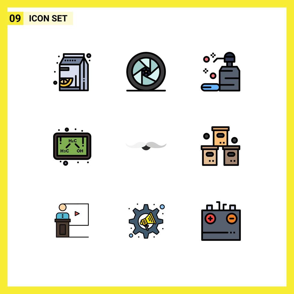 Universal Icon Symbols Group of 9 Modern Filledline Flat Colors of moustache formula superstar ethanol soap Editable Vector Design Elements