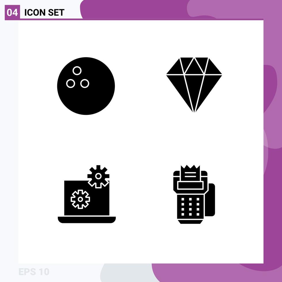 Modern Set of 4 Solid Glyphs Pictograph of bowling cashless diamond gear machine Editable Vector Design Elements