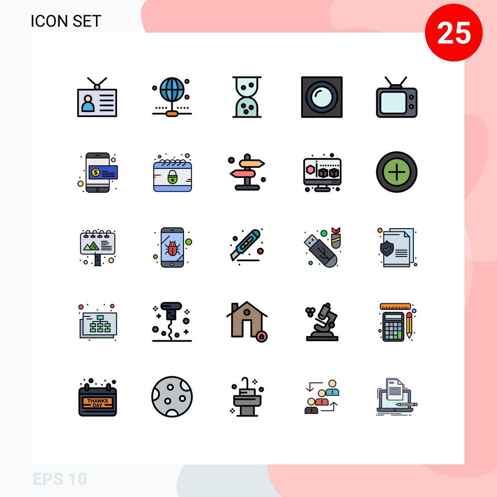 Group of 25 Filled line Flat Colors Signs and Symbols for dollar watch sand clock tv recessed Editable Vector Design Elements