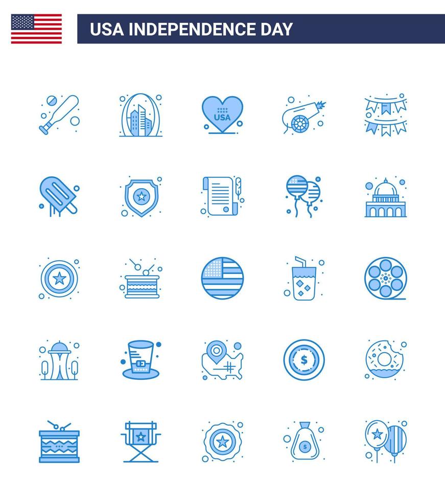 Group of 25 Blues Set for Independence day of United States of America such as buntings weapon heart war army Editable USA Day Vector Design Elements