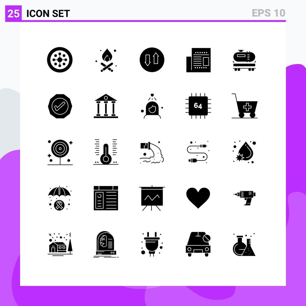 Group of 25 Solid Glyphs Signs and Symbols for oil truck down read newspaper Editable Vector Design Elements