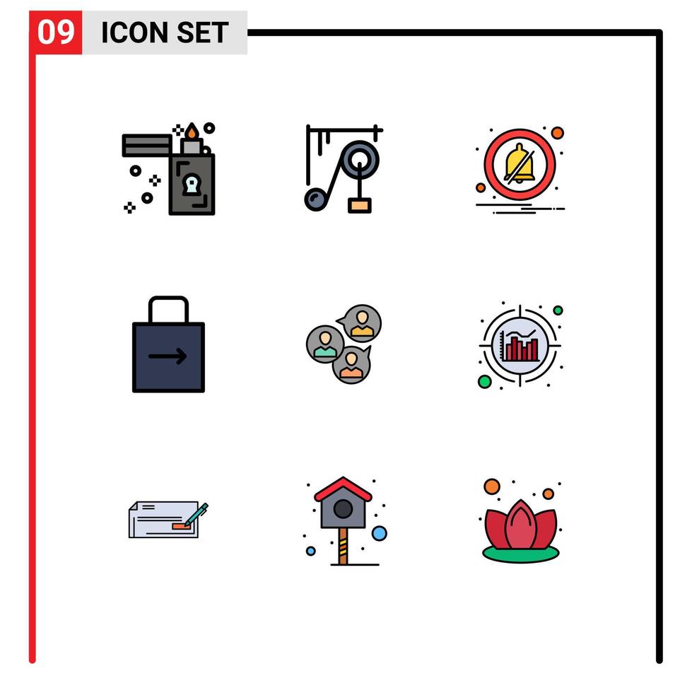 conjunto de colores planos de línea de llenado de interfaz móvil de 9 pictogramas de alarma de seguridad empresarial que protegen los elementos clave de diseño de vectores editables