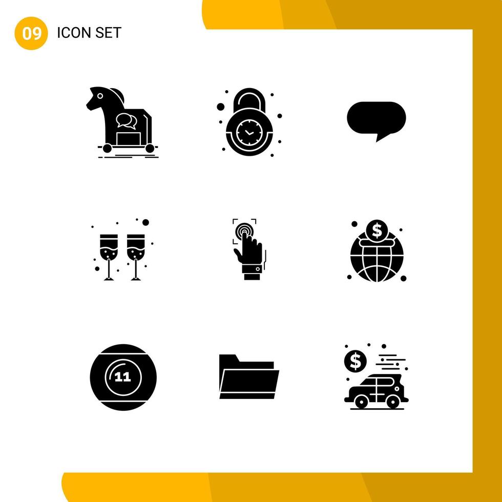 9 Universal Solid Glyphs Set for Web and Mobile Applications identity wine secure glass chatting Editable Vector Design Elements