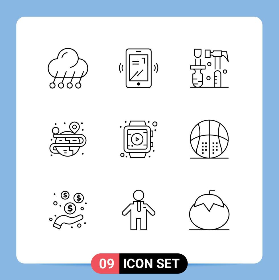 Modern Set of 9 Outlines Pictograph of smart watch map construction globe creative Editable Vector Design Elements