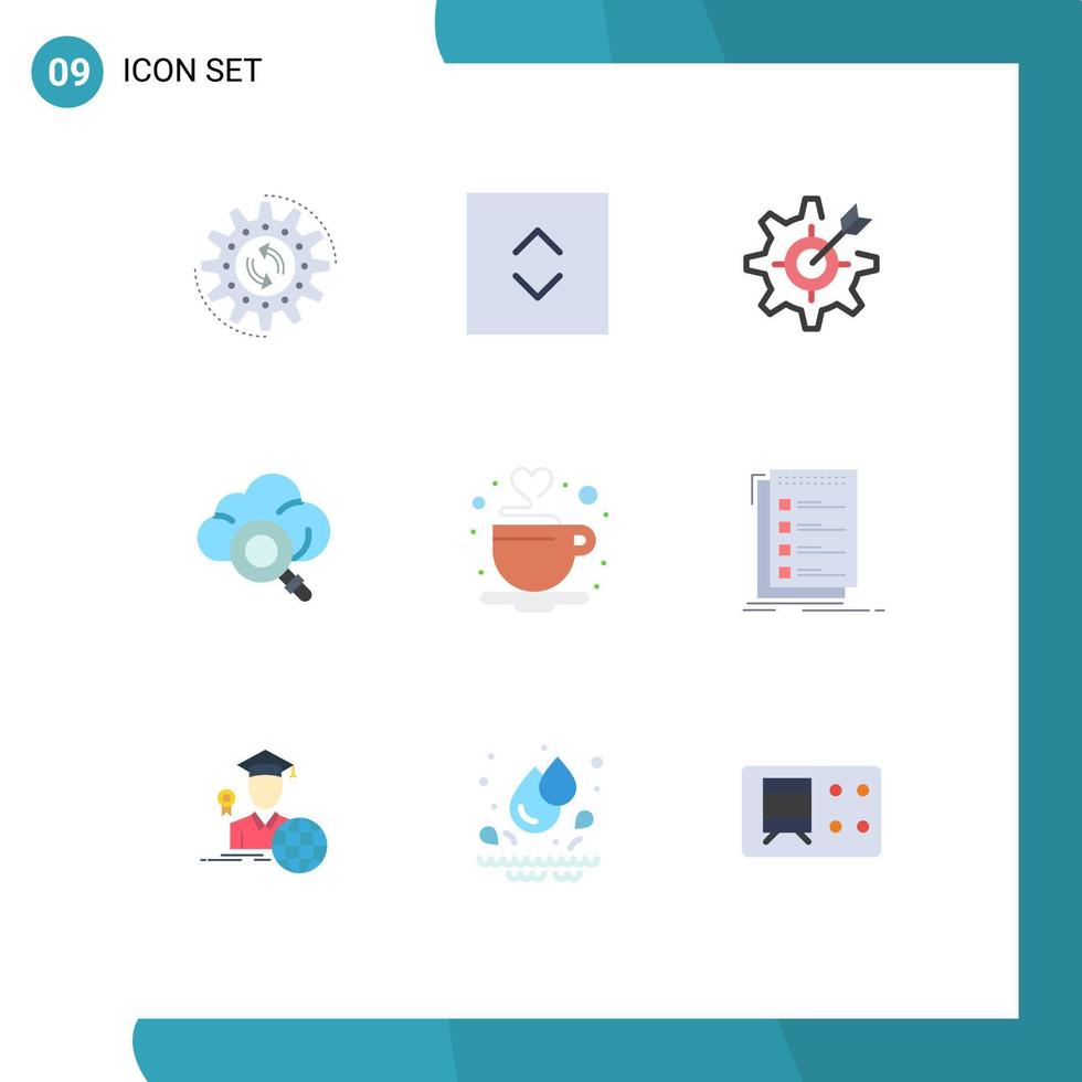 Mobile Interface Flat Color Set of 9 Pictograms of cup technology configure research target Editable Vector Design Elements