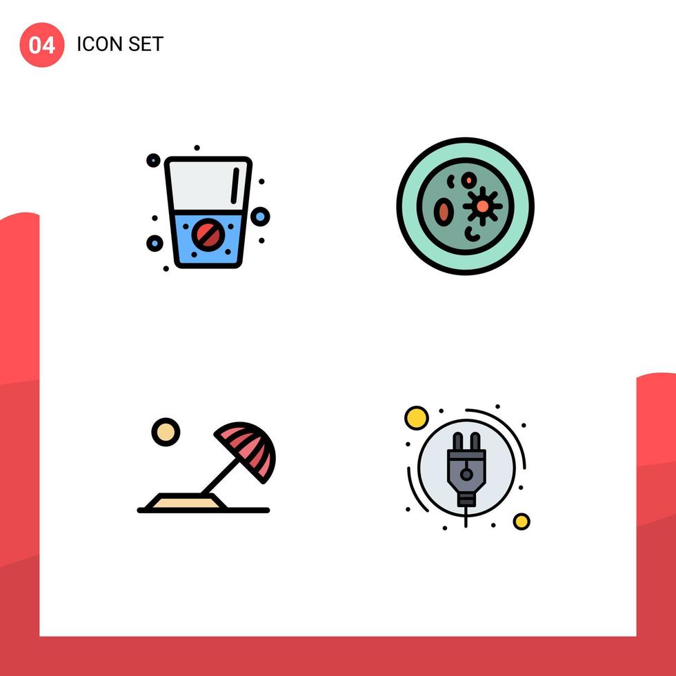 Group of 4 Modern Filledline Flat Colors Set for diet destination biochemistry dish sun Editable Vector Design Elements