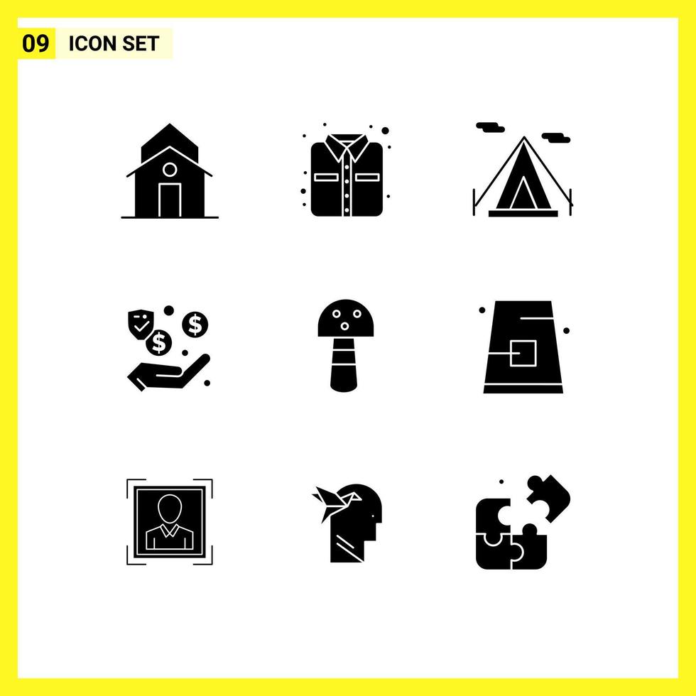 Pack of 9 Modern Solid Glyphs Signs and Symbols for Web Print Media such as vegetable food beach tent cash money Editable Vector Design Elements