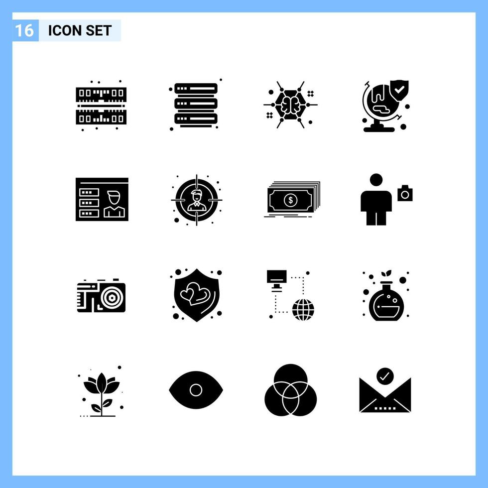 16 iconos estilo sólido símbolos de glifo creativo signo de icono sólido negro aislado sobre fondo blanco vector