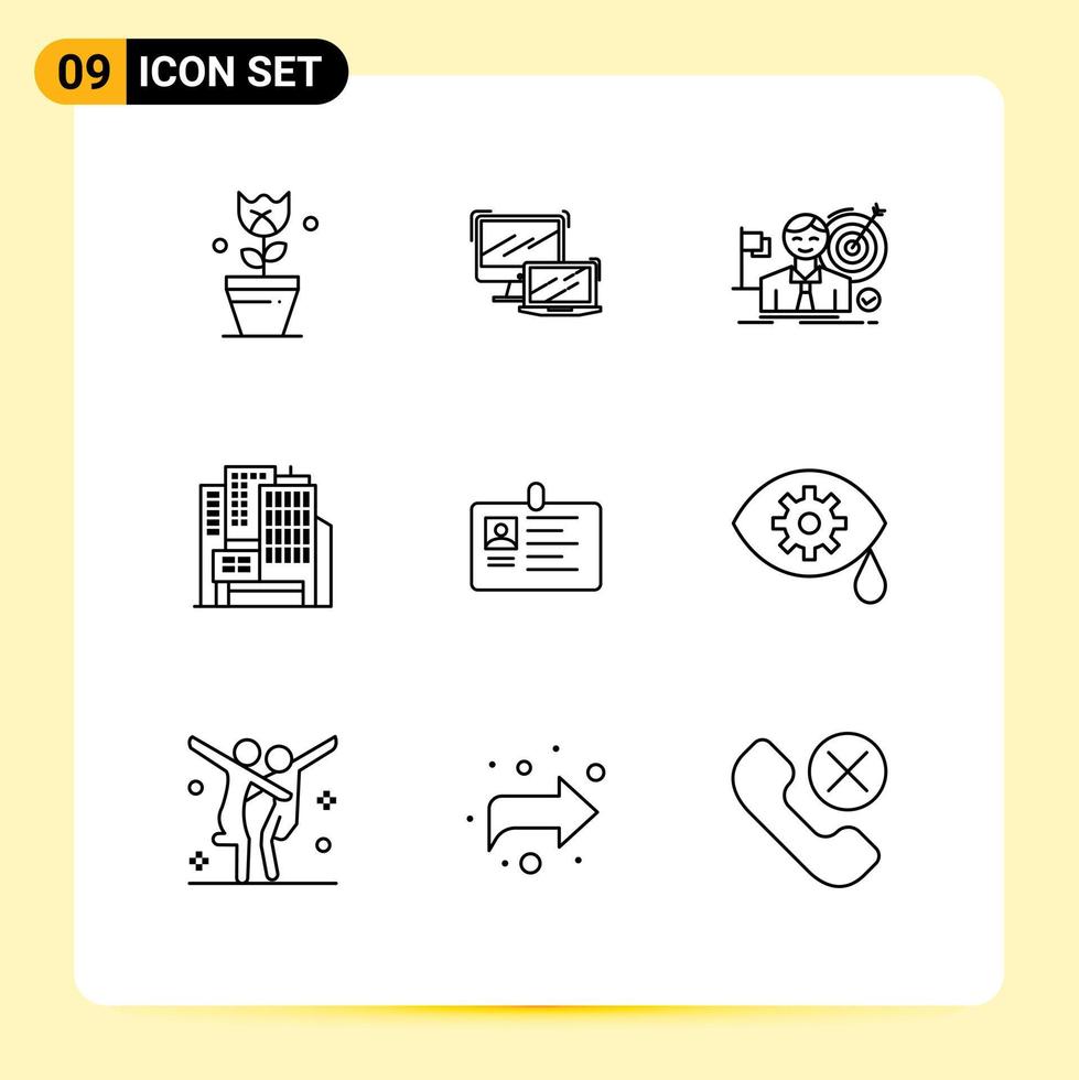 paquete de 9 signos y símbolos de contornos modernos para medios de impresión web, como elementos de diseño de vectores editables del mercado de arquitectura de tecnología de construcción de tarjetas