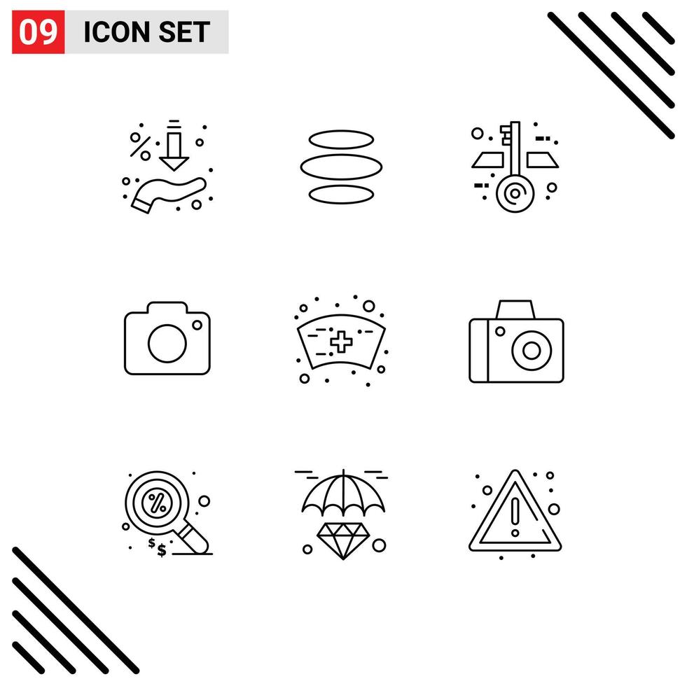 Set of 9 Vector Outlines on Grid for medical camera crypto currency picture twitter Editable Vector Design Elements