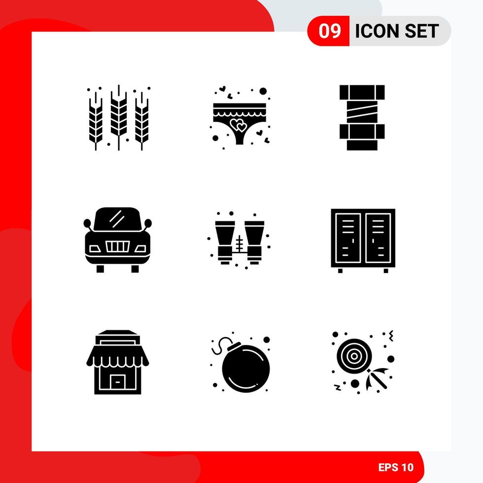 Universal Icon Symbols Group of 9 Modern Solid Glyphs of travel binoculars romance binocular car Editable Vector Design Elements