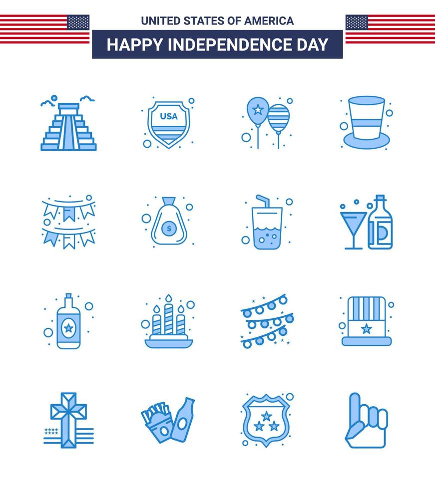 Group of 16 Blues Set for Independence day of United States of America such as american hat balloons cap america flag Editable USA Day Vector Design Elements