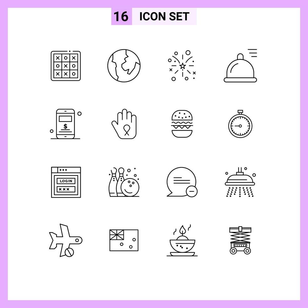 Pictogram Set of 16 Simple Outlines of stop server fire mobile dish Editable Vector Design Elements