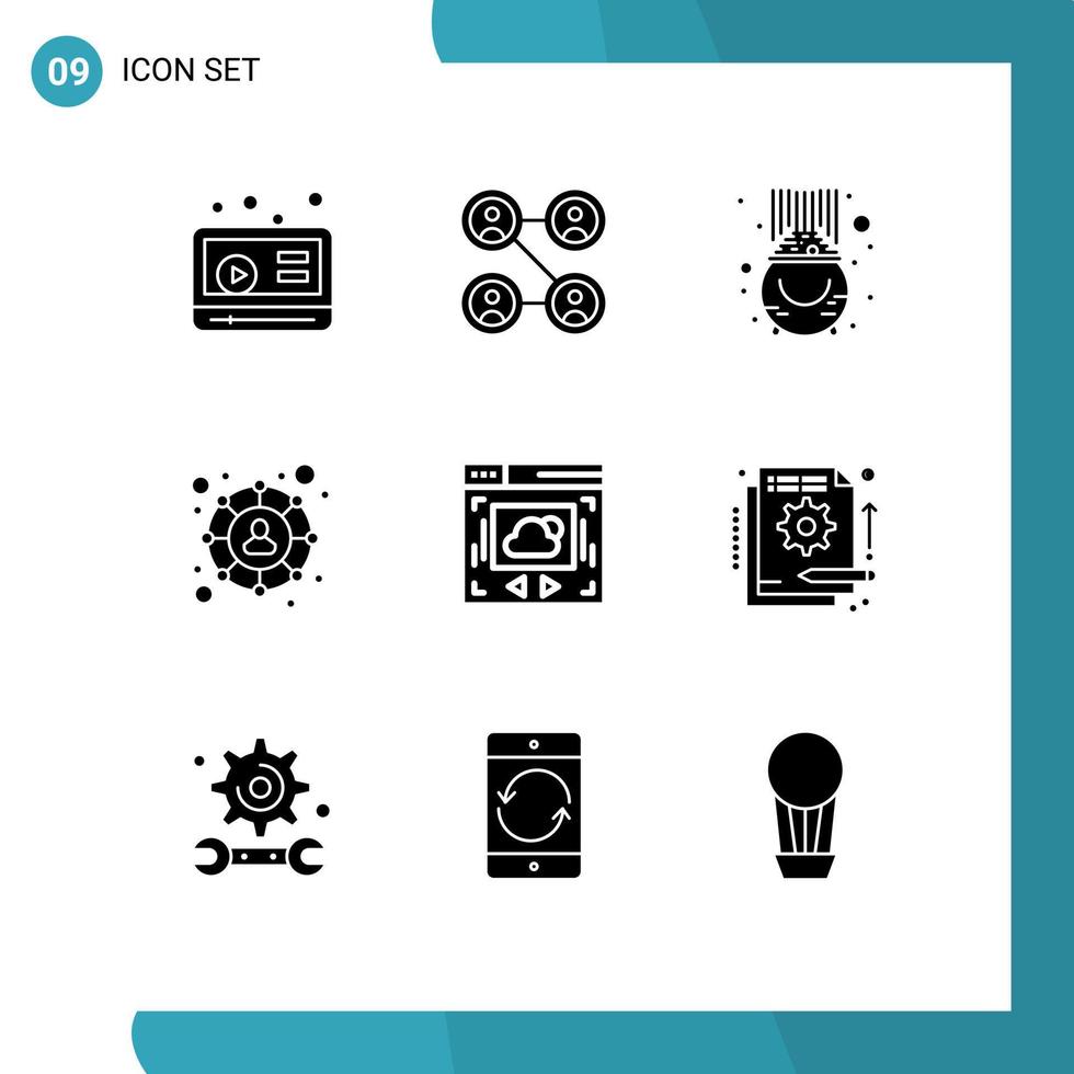 Mobile Interface Solid Glyph Set of 9 Pictograms of detail website luck web page social Editable Vector Design Elements